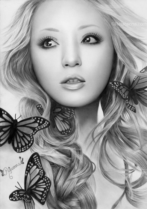 Девушка с бабочками - черно-белое, бабочки, девушка - оригинал