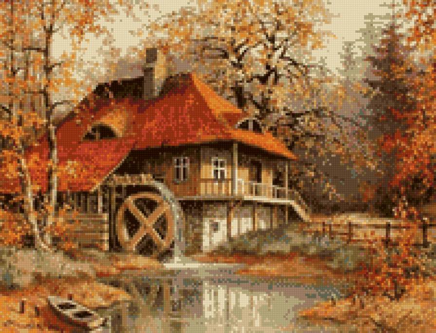 золотая осень - природа, дом, лес, лодка, мельница - предпросмотр