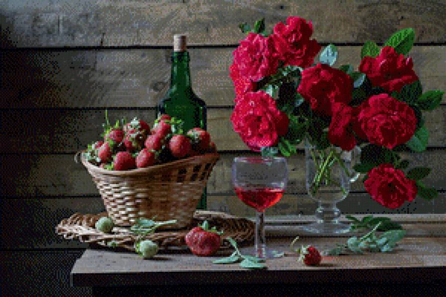 Розы с клубникой - розы, натюрморт, клубника - предпросмотр