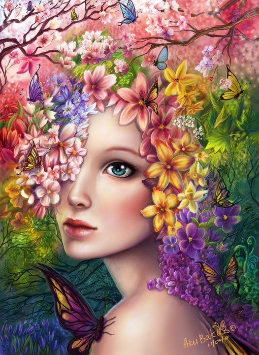 №711658 - портрет, картина, цветы, фэнтези, бабочки, весна, девушка - оригинал