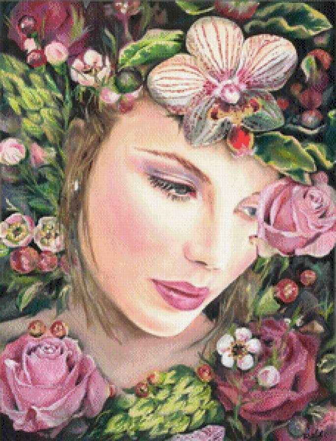 №711665 - портрет, красота, девушка, цветы, весна, фэнтези, картина - предпросмотр