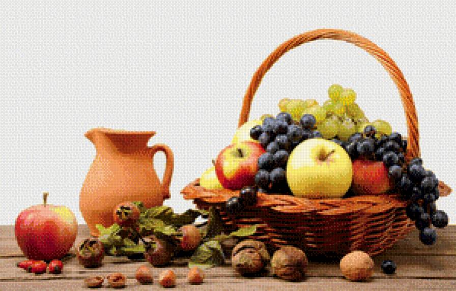 Фруктовая корзина - ягоды, яблоки, виноград, фрукты, орехи - предпросмотр