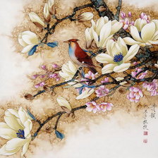 птицы на цветущей ветке