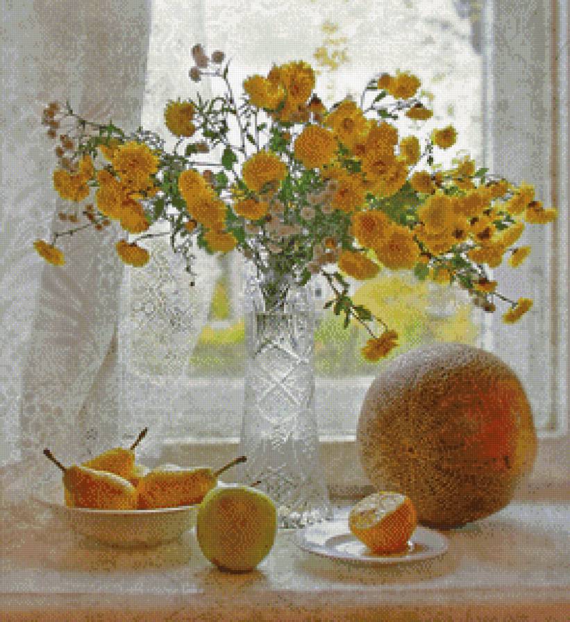 №713094 - натюрморт, цветы, фрукты - предпросмотр