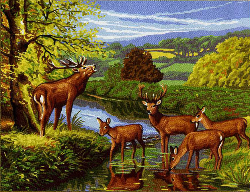 олени - семья, картина, животные, лес, олени - оригинал