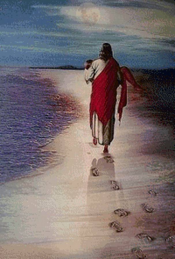 следы на песке - прибой, песок, картина, море, помощь, иисус - предпросмотр