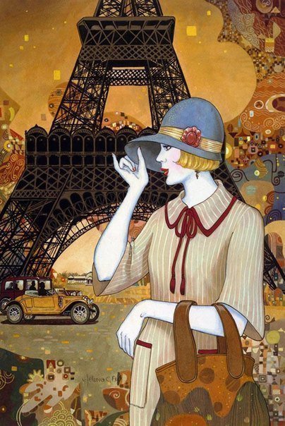 Открытка из Парижа - машина, башня, город, париж, дама, открытка, девушка - оригинал