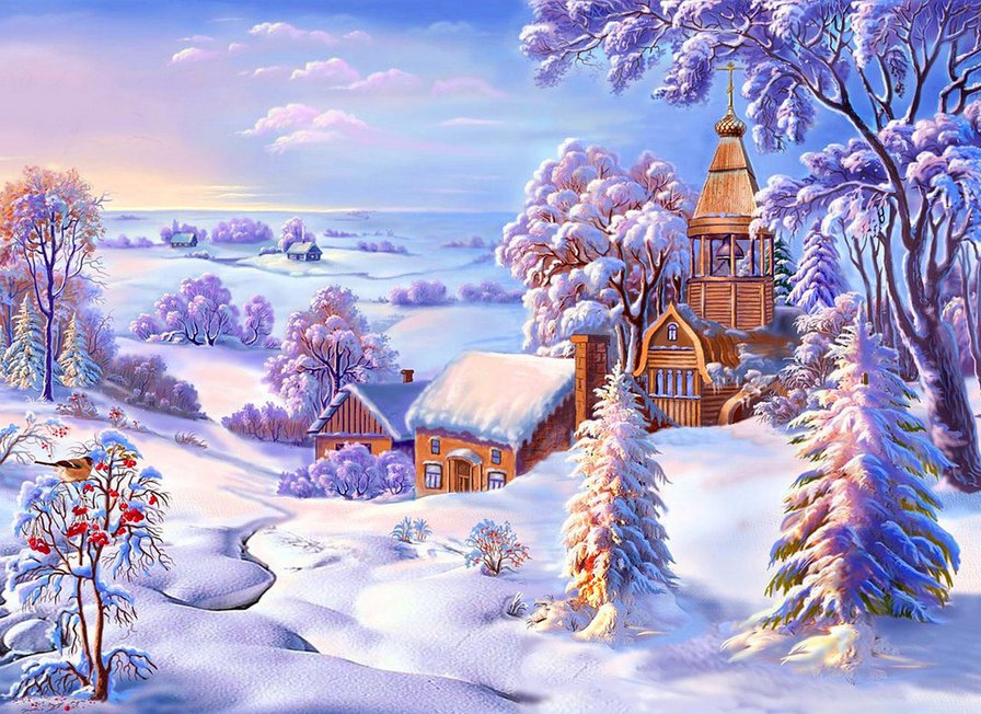 зимний пейзаж - снег, храм, пейзаж - оригинал