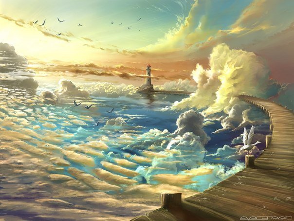 Маяк в облаках - маяк, дорожка, вода, облака, море - оригинал