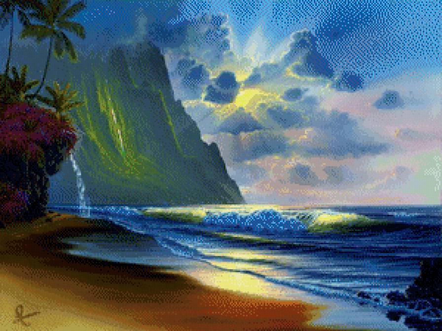 Райский уголок - вода, песок, водопад, растения, берег, цветы, горы, закат, море - предпросмотр