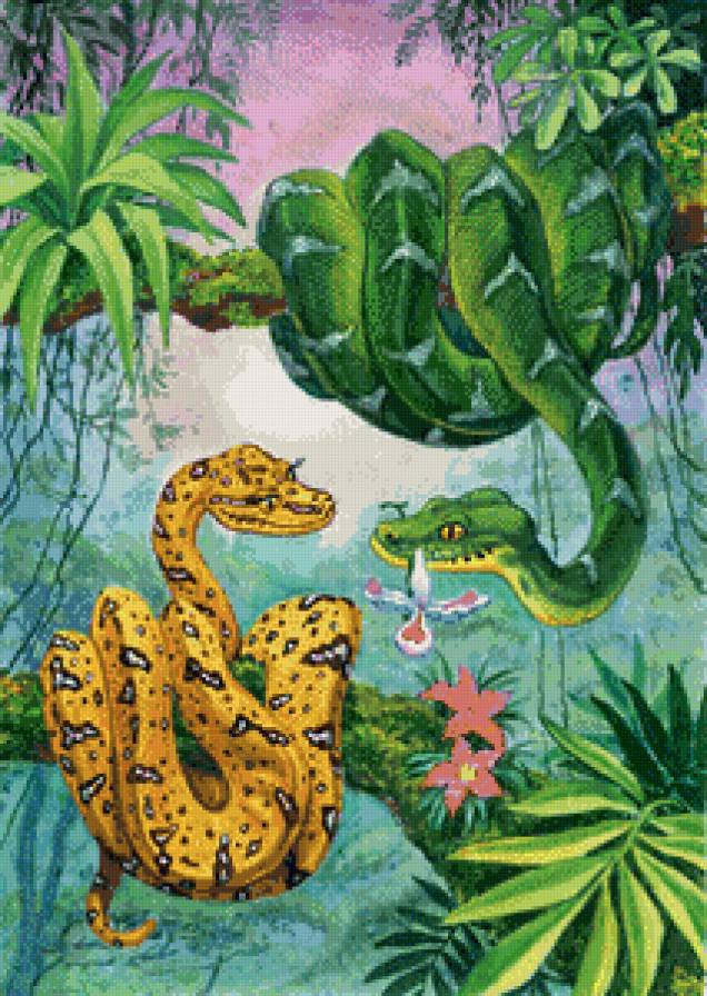 змейки - романтика, детская, любовь, цветы, змея, мультяшки, джунгли - предпросмотр