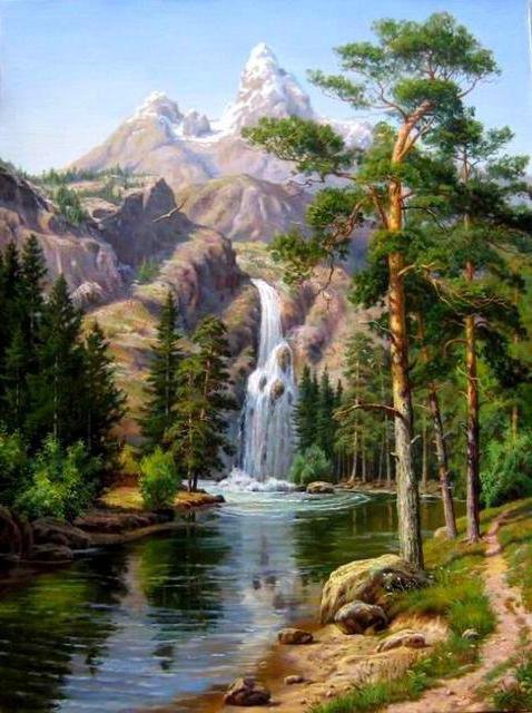 Горный водопад м - водопад, природа, горы, пейзаж - оригинал