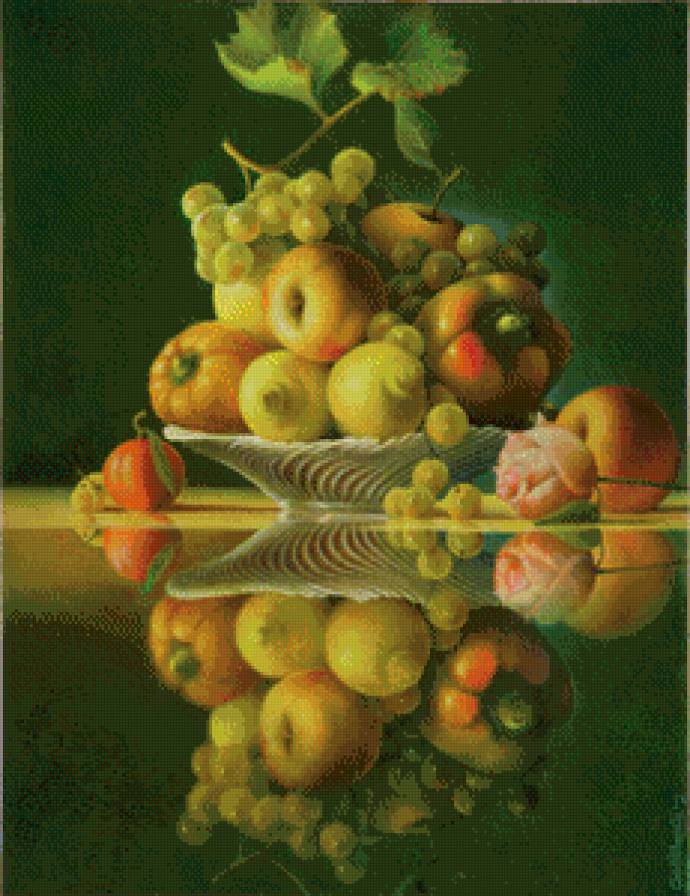 Натюрморт Джузеппе Мариотти - роза, отражение, фрукты, ваза - предпросмотр