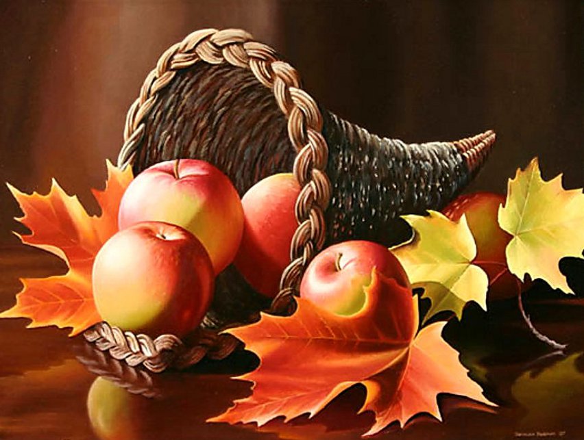 осенний рог изобилия - осень, натюрморт, листья, корзина, рог, яблоки, на кухню, клен - оригинал