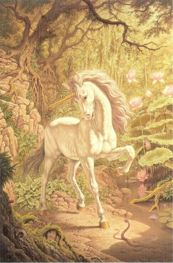 Единорог - фреска, единорог, лошади - оригинал