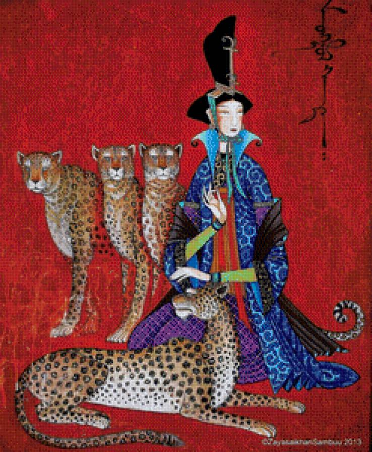 ГОБИ, леопарды и девушка - китай, девушка, леопарды, картины, животные - предпросмотр