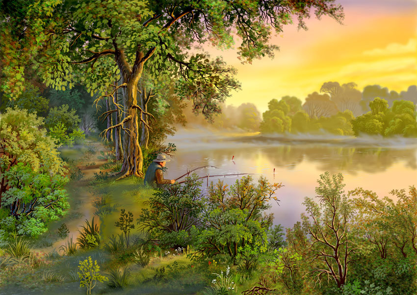 Цыганов - река, рыбалка, утро, живопись, пейзаж - оригинал