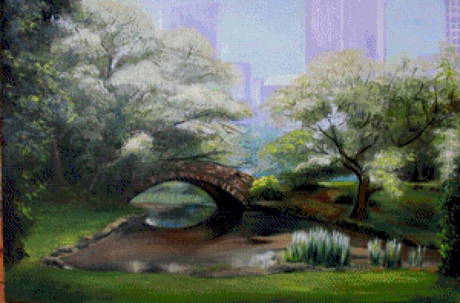 Городской парк - мостик, пруд, пейзаж, городской парк - предпросмотр