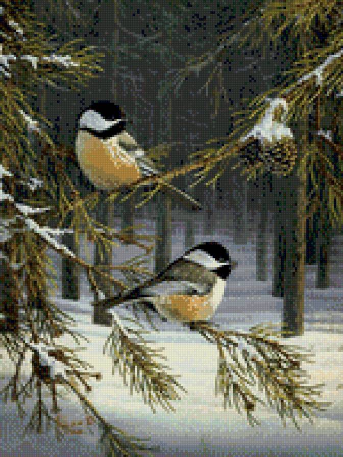 птички синички - природа, зима, картина, лес, птицы - предпросмотр