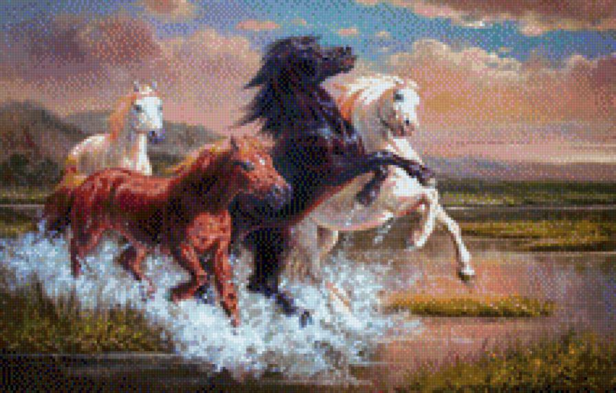 Бегущие лошади,стремление вперед и вверх,успех - бегущие лошади, упорство, горы, успех, удача, вода. - предпросмотр