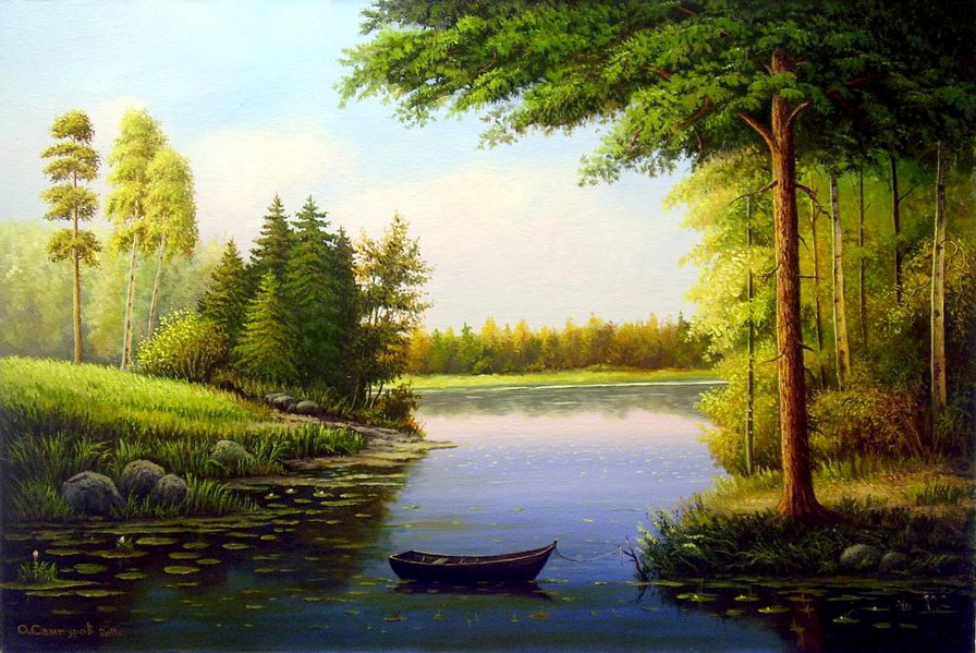 Лодочка - лодка, природа, озеро, лес, пейзаж - оригинал