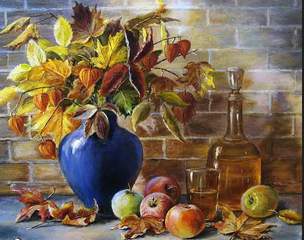 Осенний натюрморт - вино, натюрморт, фрукты - оригинал
