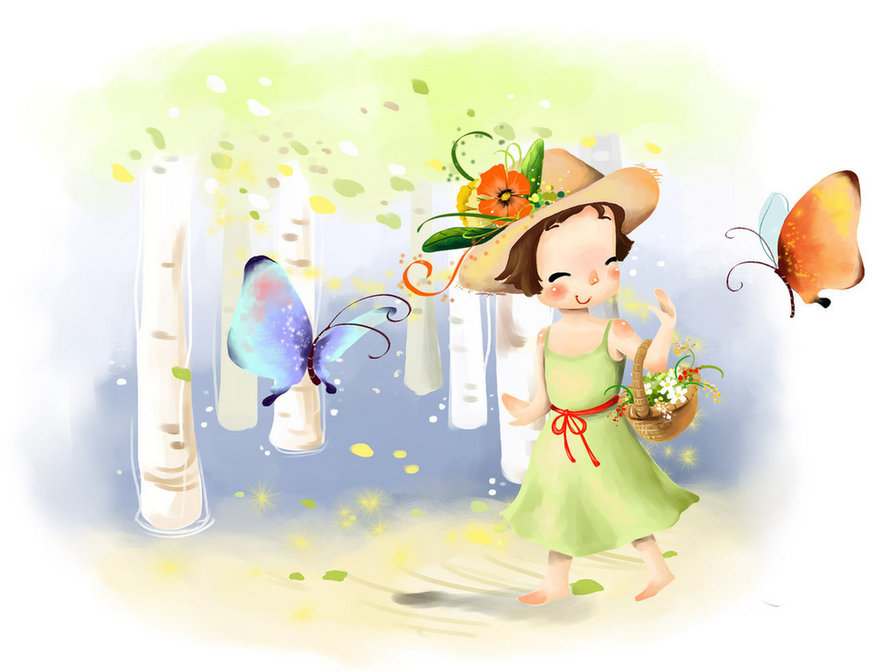 девочка и бабочки - шляпка, корзинка, бабочки, девочка - оригинал