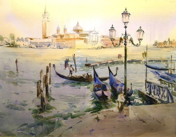 венеция - город, венеция, живопись, гондола, пейзаж, фонарь, река - оригинал