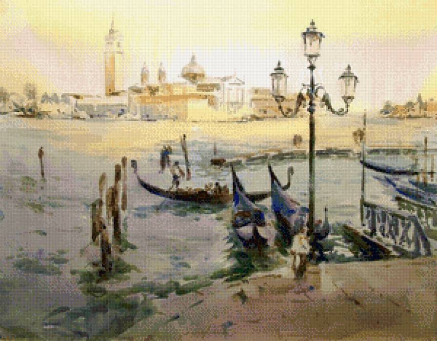венеция - река, живопись, гондола, венеция, город, фонарь, пейзаж - предпросмотр