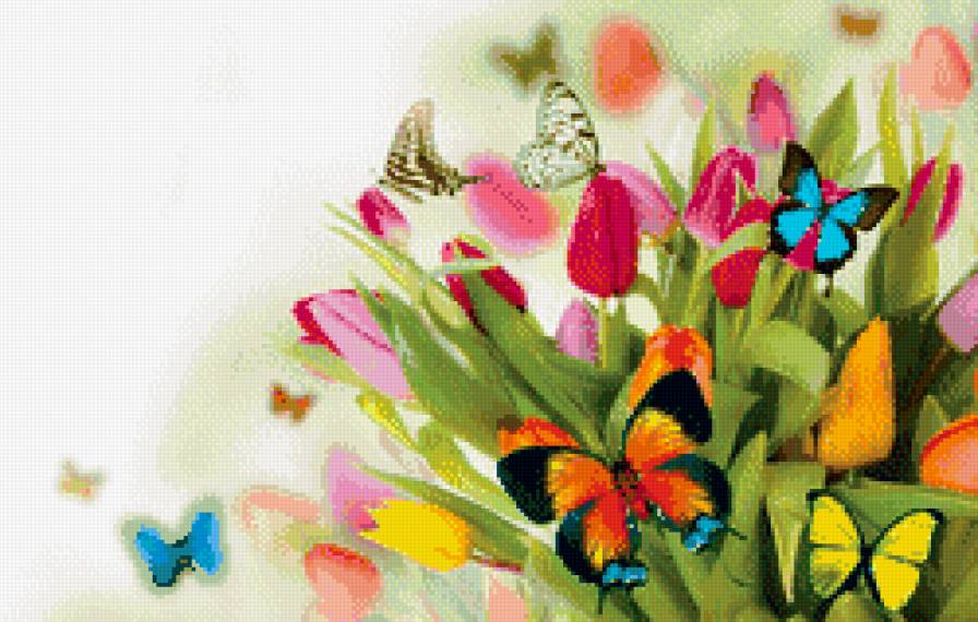 цветы и бабочки - букет, цветы, бабочки, тюльпаны - предпросмотр