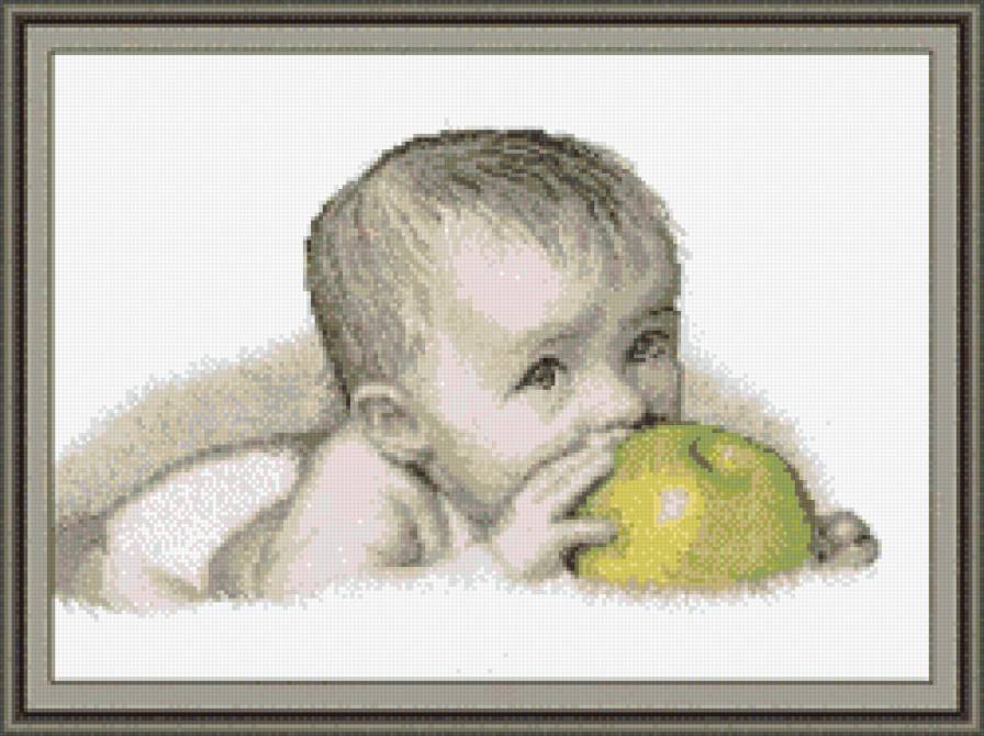 малыш с яблоком - малыш, яблоко, мама, монохром - предпросмотр