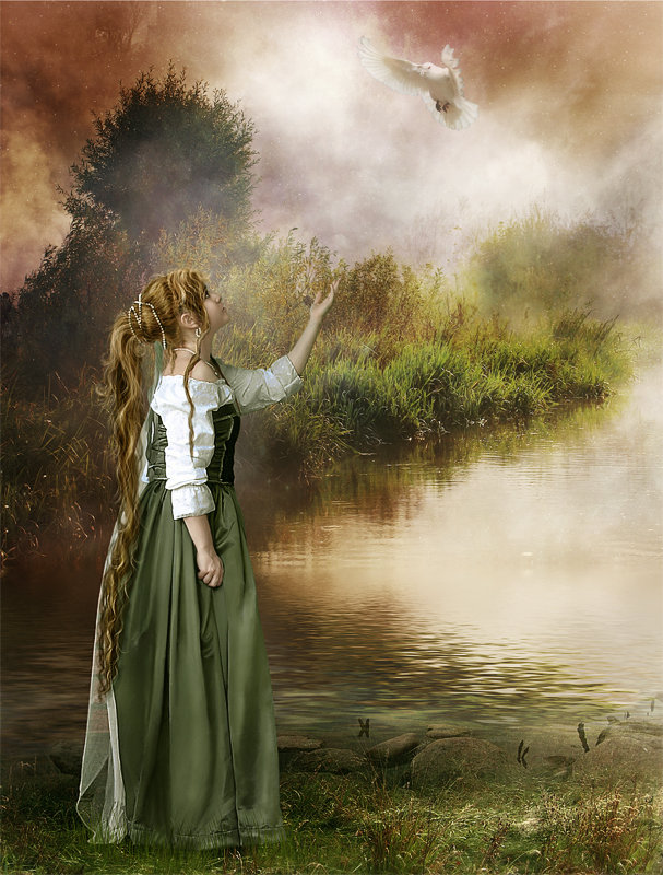 картины Синди Грундстен - птица, озеро, девушка - оригинал