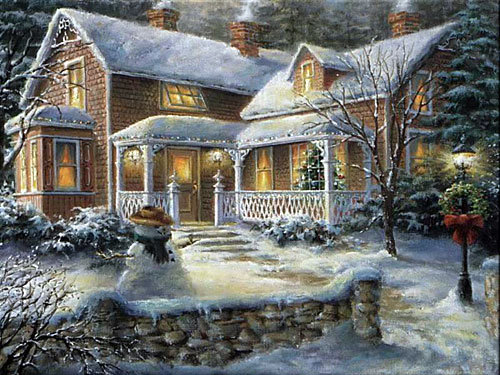 Рождество - домик, снег, зима, снеговик, рождество - оригинал