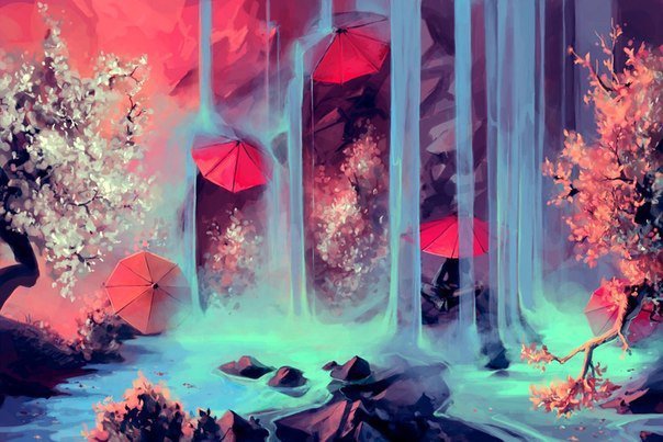 японские зонтики под водопадом - сакура, япония, арт, водопад, восток, зонтик - оригинал
