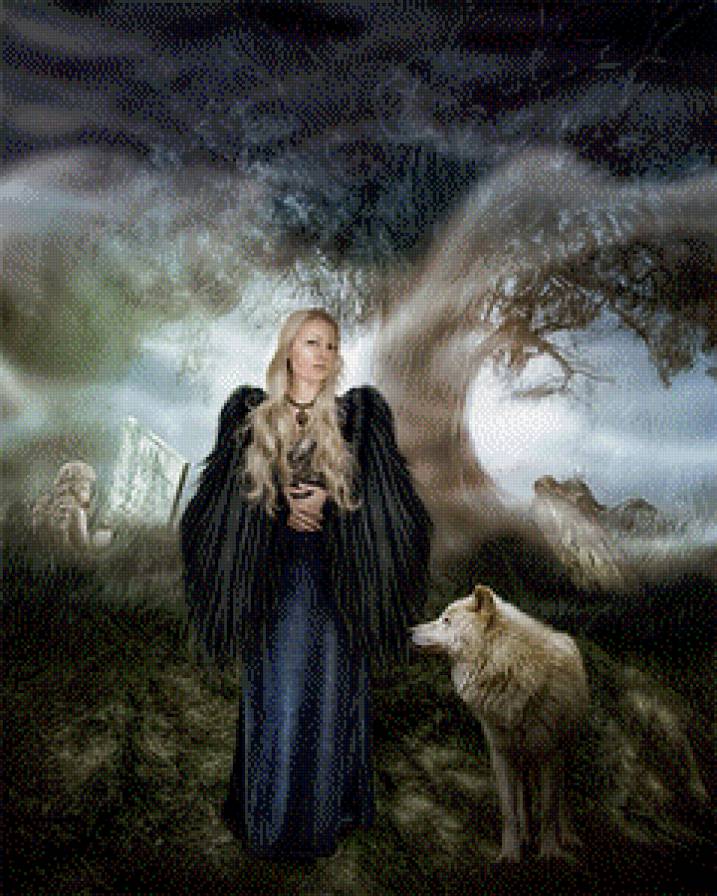 картины Синди Грундстен - волк, девушка, лес - предпросмотр