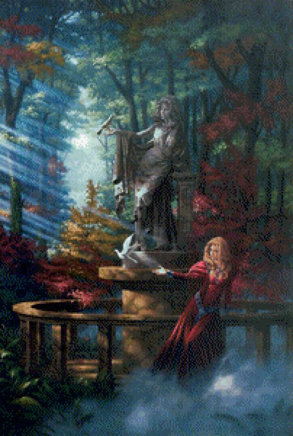 картины Эрла Баузера - статуя, лес, девушка, голубь - предпросмотр