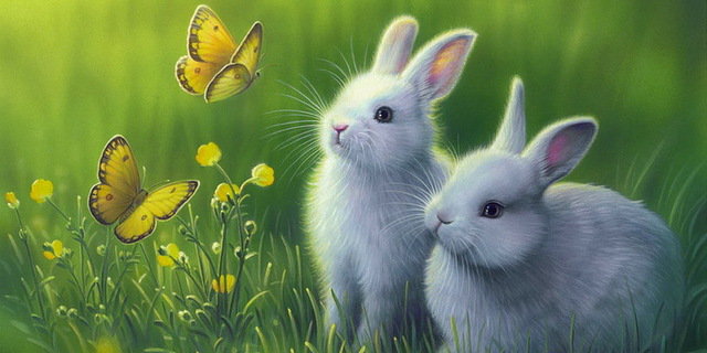 картины Kirk Reinert - зайцы, бабочки - оригинал