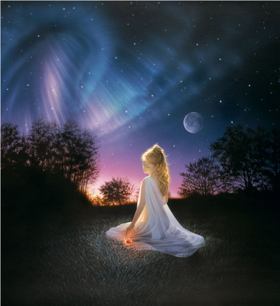картины Kirk Reinert - ночь, луна, лес, девушка - оригинал