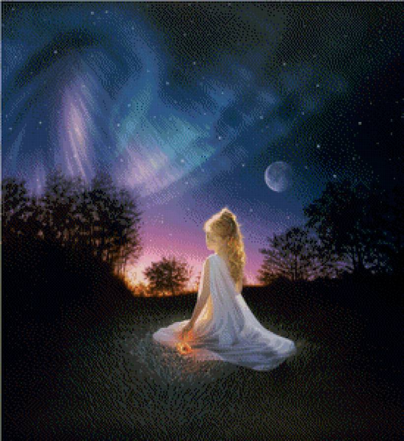 картины Kirk Reinert - ночь, лес, луна, девушка - предпросмотр
