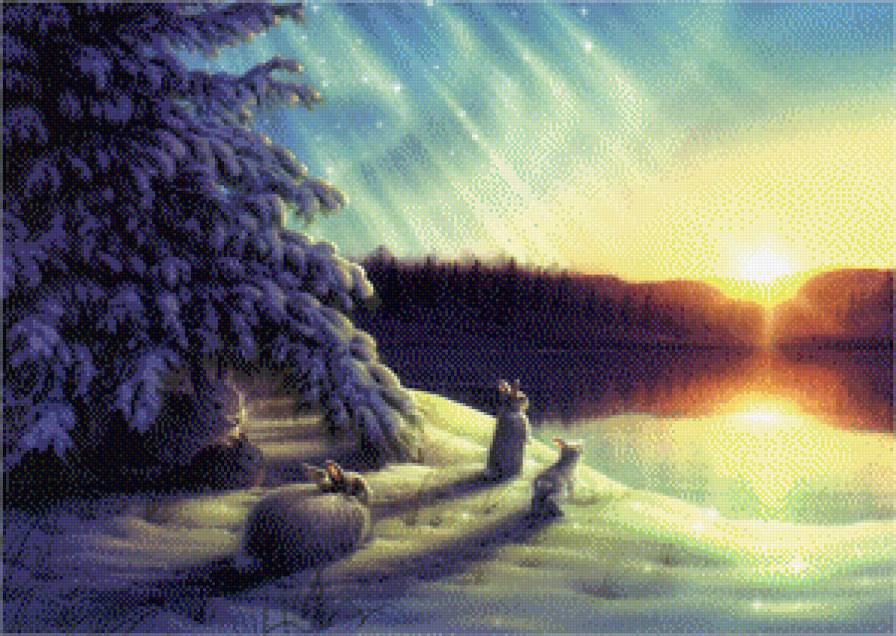 картины Kirk Reinert - зима, река, зайцы, закат - предпросмотр