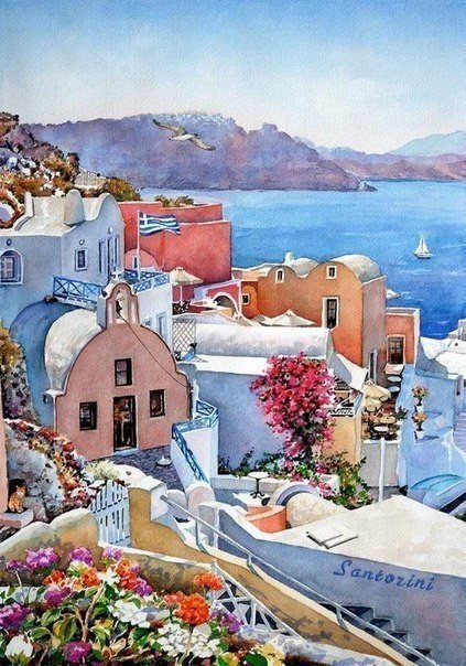 Греческий пейзаж - пейзаж, вода, улочки, море, корабль, чайка, горы, дома, греция - оригинал