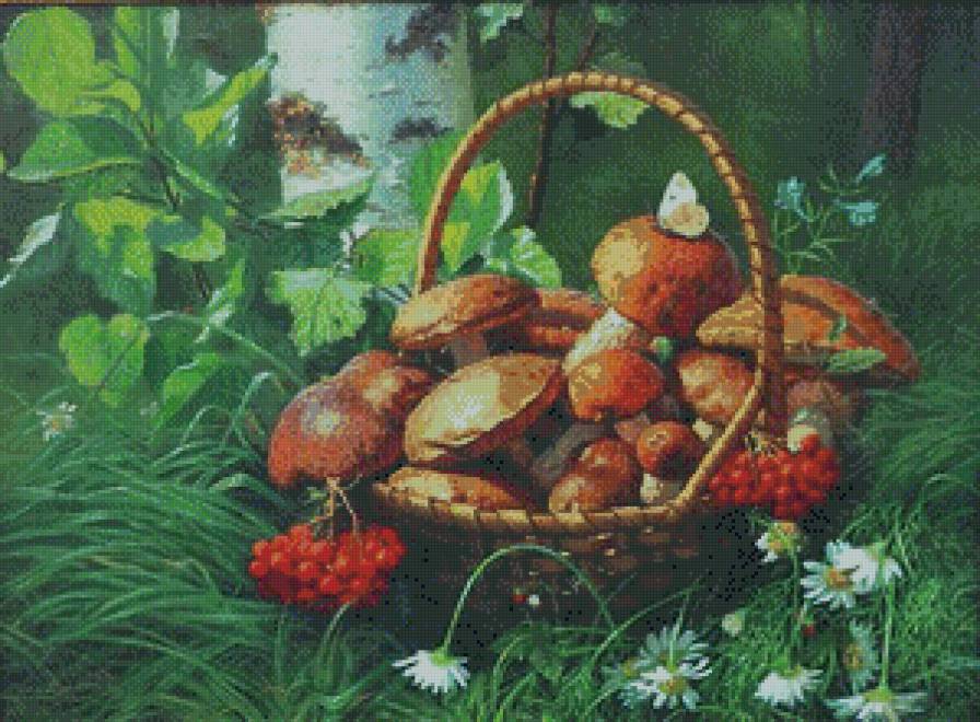лукошко с грибами - грибы, осень, рябина, уют, корзина - предпросмотр
