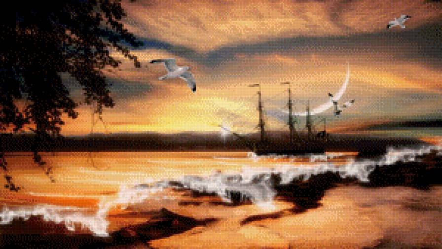 Морское приключение - парусник, волна, чайки, море, ветер, небо - предпросмотр