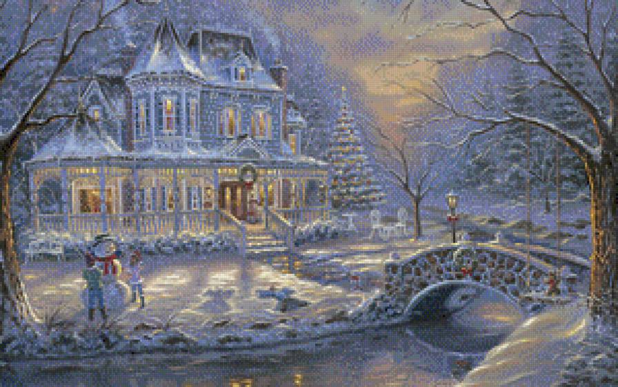 Хрустальная зима - снег, дом, снеговик, праздник, новый год - предпросмотр