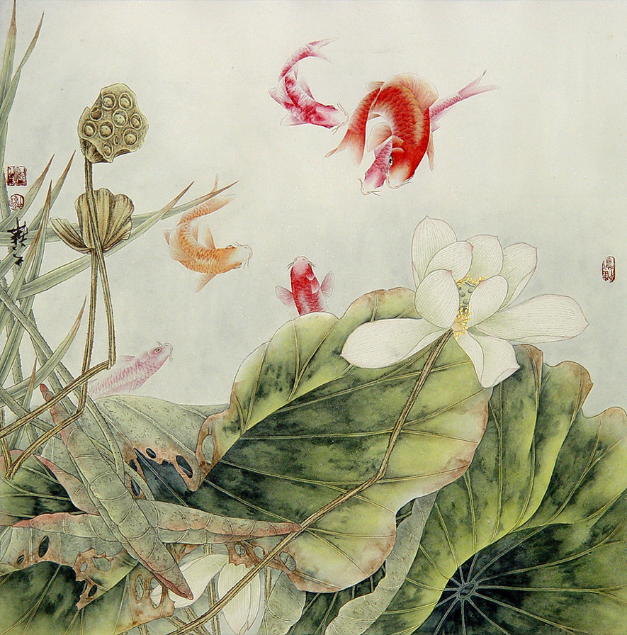 Китайская живопись - цветы, рыбы, карпы, природа, лотос, живопись - оригинал