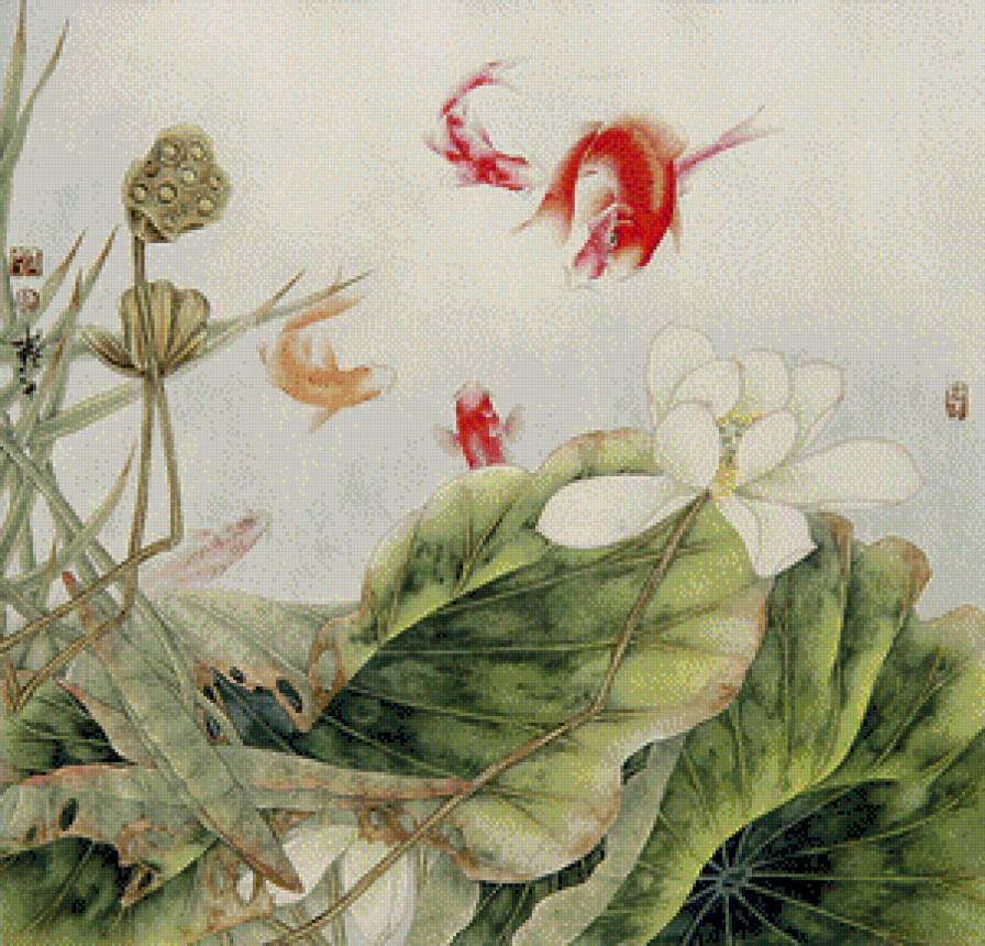 Китайская живопись - рыбы, цветы, живопись, лотос, природа, карпы - предпросмотр