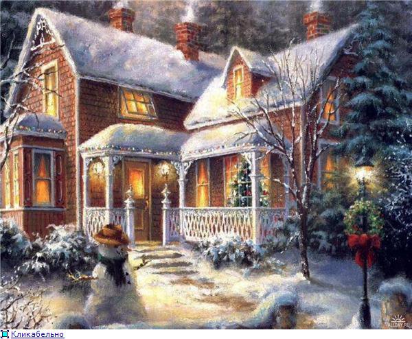 Новый год - зима. снег, снеговик, домик, рождество, новый год - оригинал