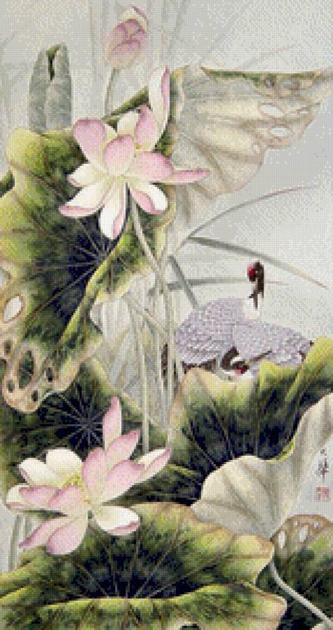 Китайская живопись - живопись, журавль, цветы, природа, птицы, лотосы - предпросмотр