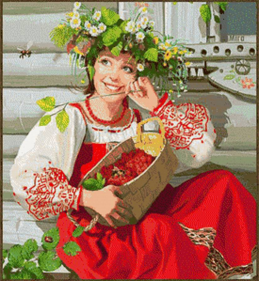 Девушка с венком - девушка, малина, цветы - предпросмотр