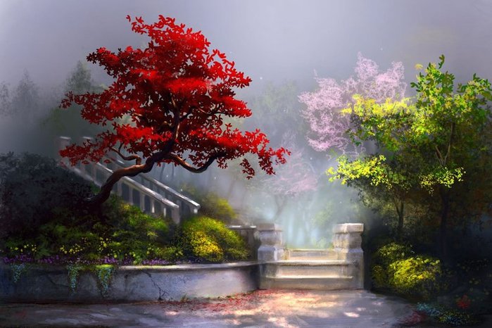 красное дерево - картина, пейзаж, парк, дерево, туман - оригинал